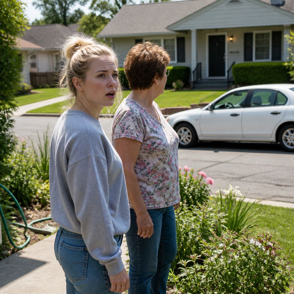 Young woman and older neighbor looking toward a car parked nearby, the woman’s expression showing concern.
