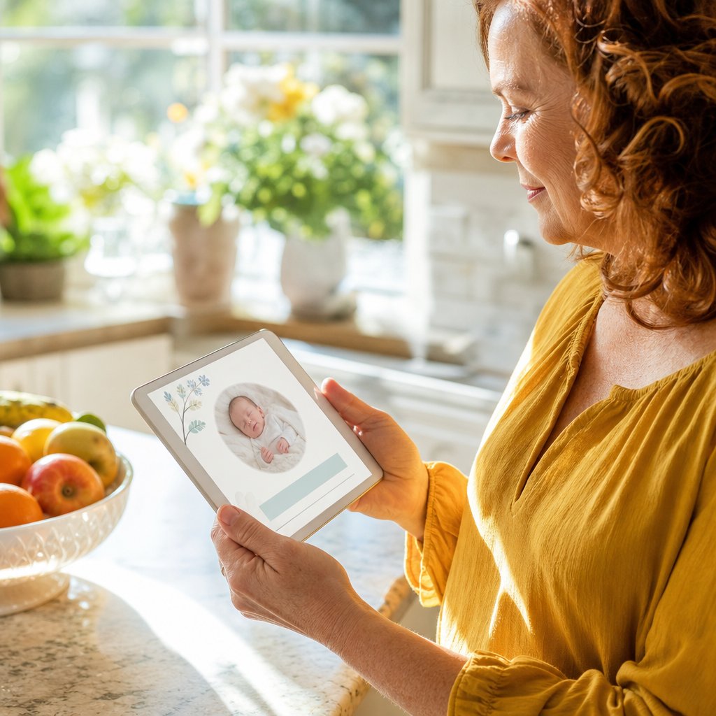Woman holding a tablet showing a baby announcement draft, kitchen in the background.