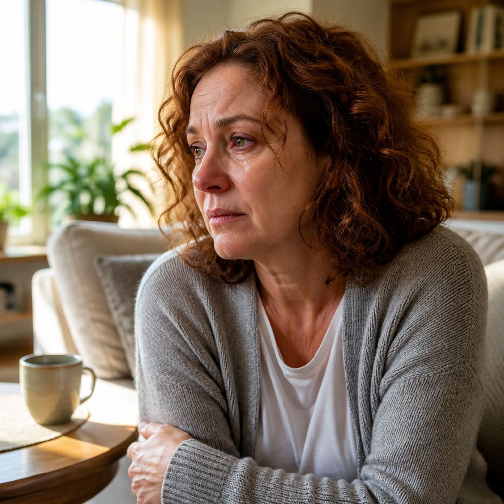 Woman on living room couch with tear-streaked face, wearing gray cardigan and white T-shirt.