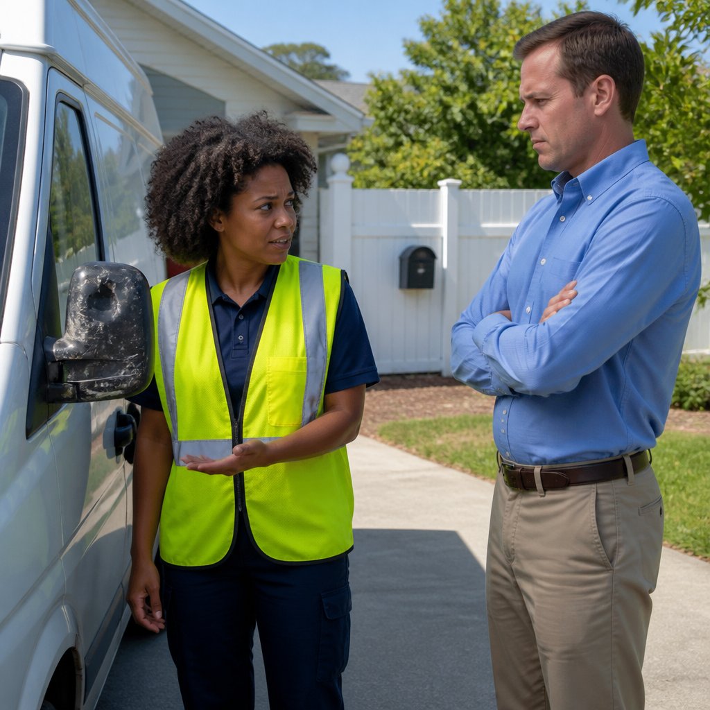 Delivery driver points at damaged van while a stern man listens, standing in a suburban driveway.