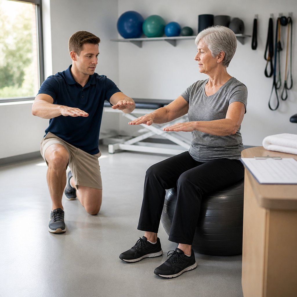 Young male therapist guiding a woman through balance exercises in a bright physical therapy room.