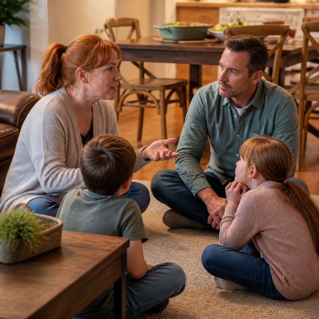 Family holding a serious conversation in a living room circle