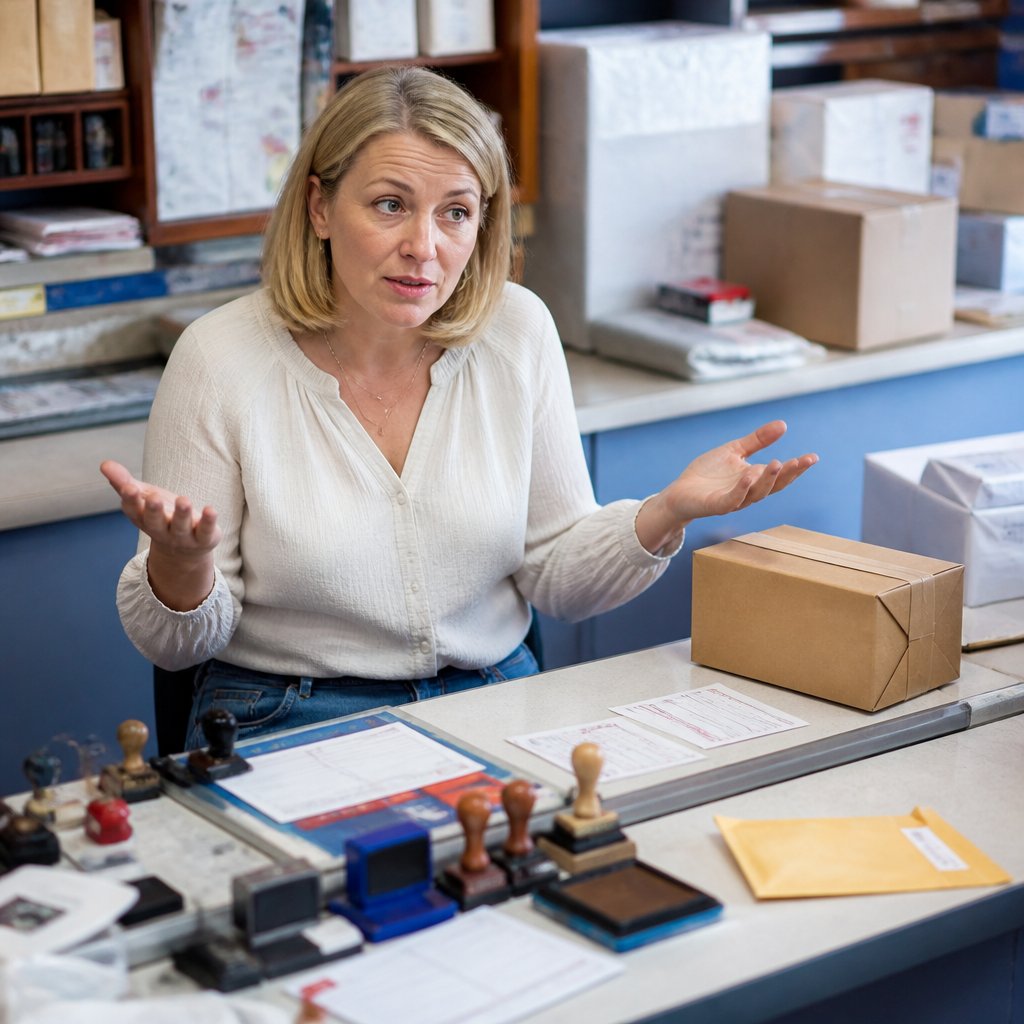 Notary behind a cluttered counter looking uncertain.