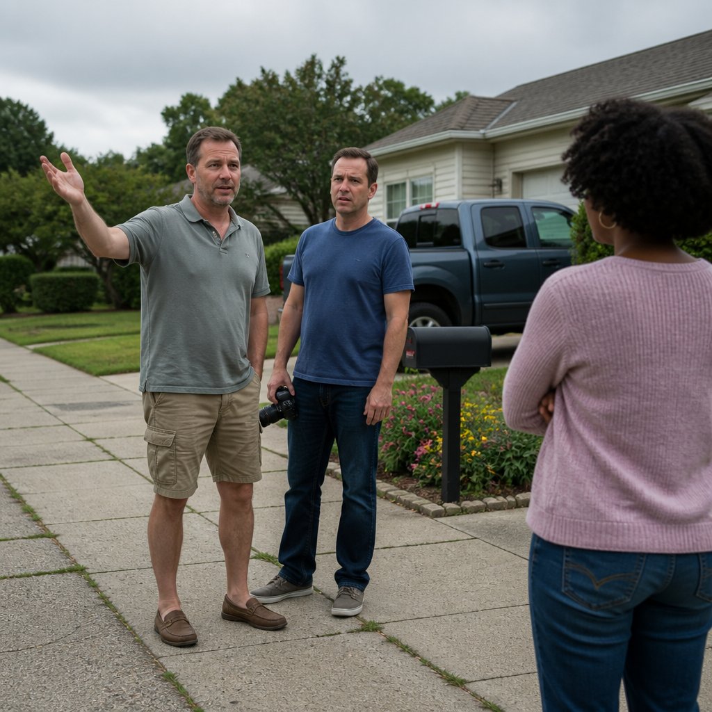 Two men talking near suburban mailbox, one gesturing confidently, the other holding a camera looking concerned.