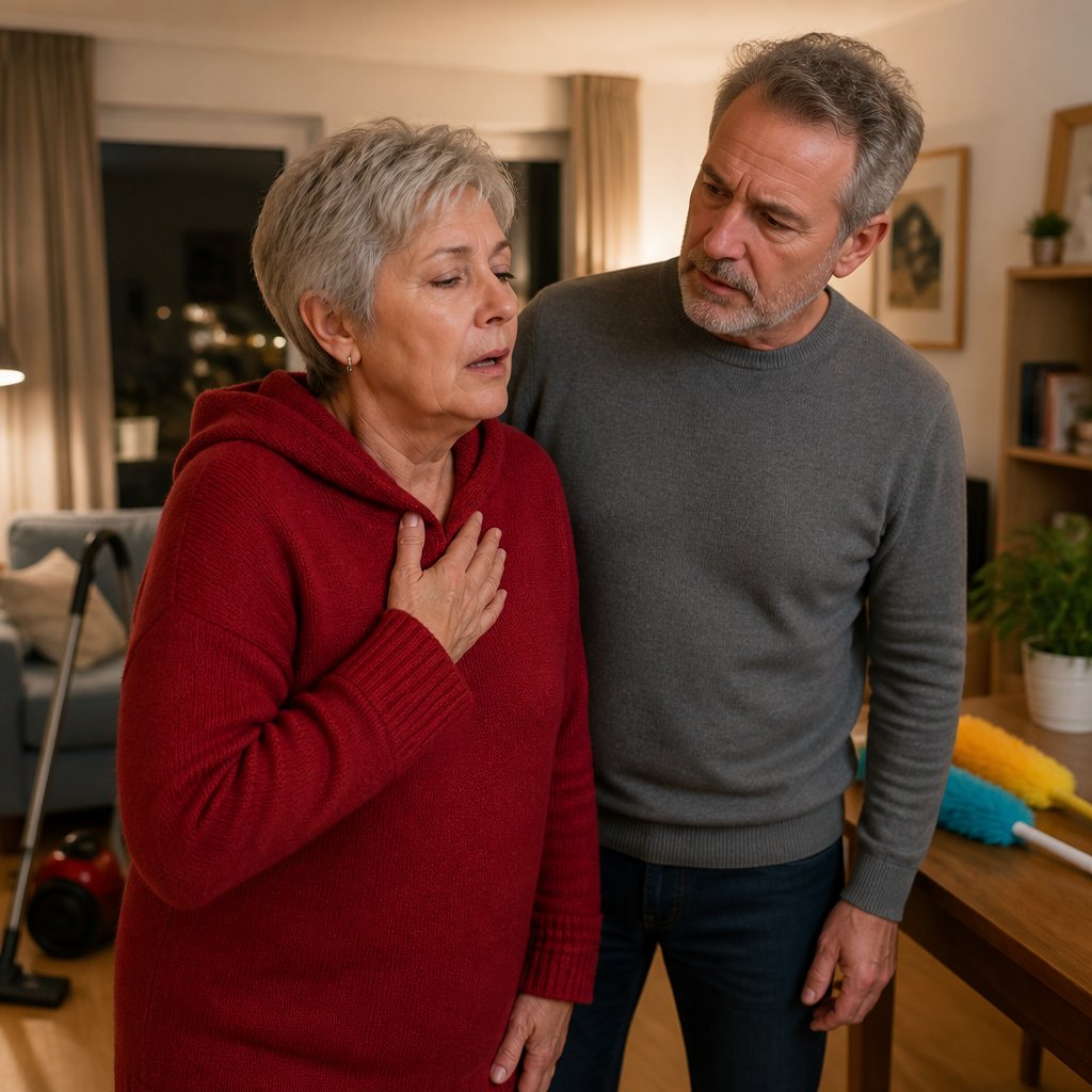 Couple in a clean living room at night, woman wheezing and man looking worried.