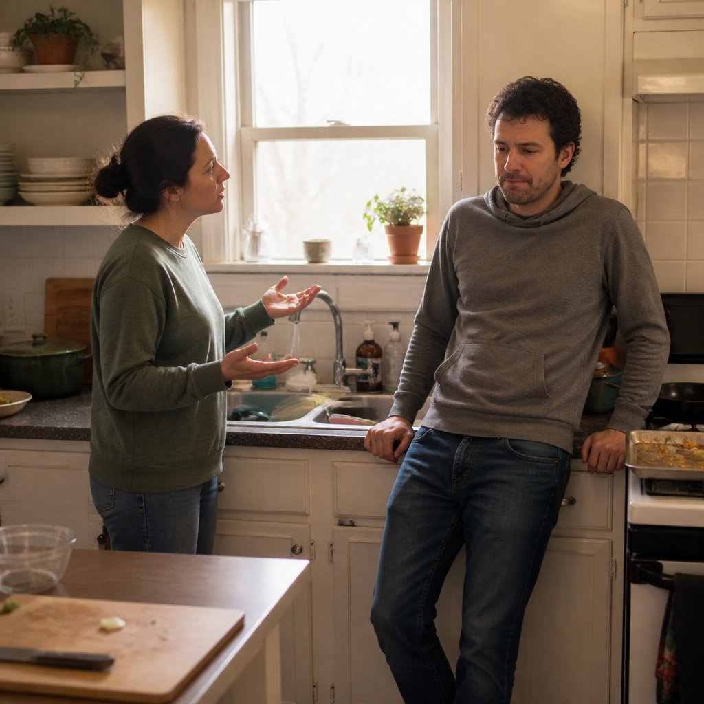 Couple whispering tensely by a kitchen sink with dirty dishes and casserole on the stove.