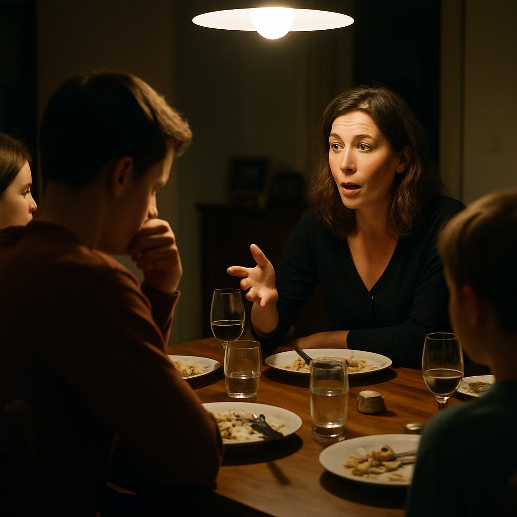 Mother and daughter having dinner in a warmly lit dining room, tense expressions