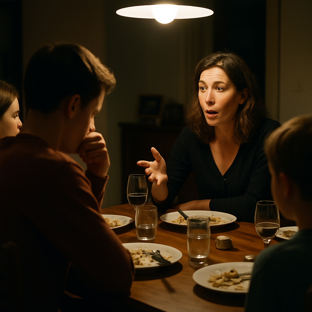 Mother and daughter having dinner in a warmly lit dining room, tense expressions