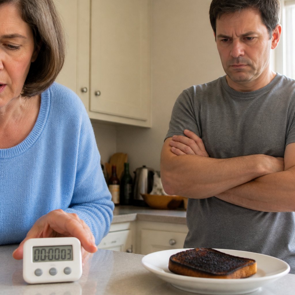 Mark setting a digital timer on the kitchen counter while Renee watches, a burnt toast on a plate nearby.