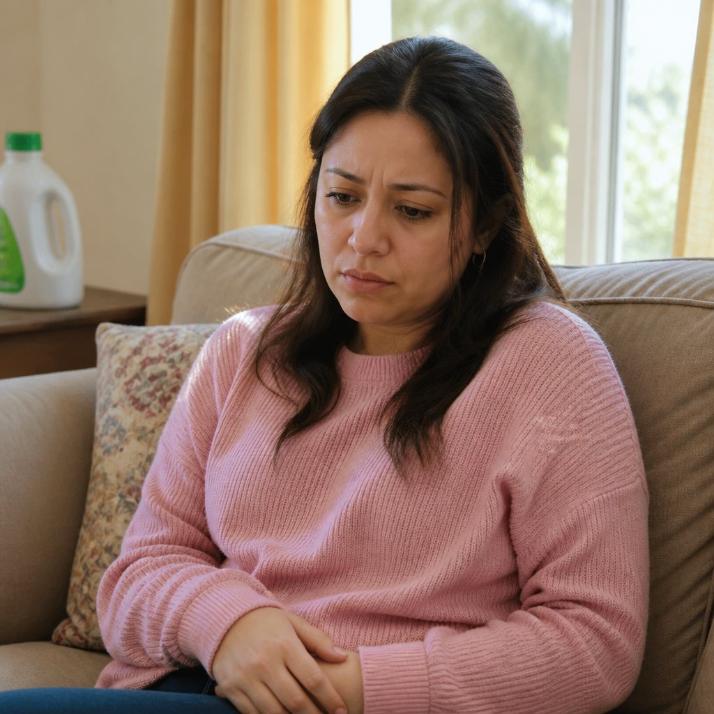 Woman worriedly holding phone down on lap while sitting near detergent bottle at home.