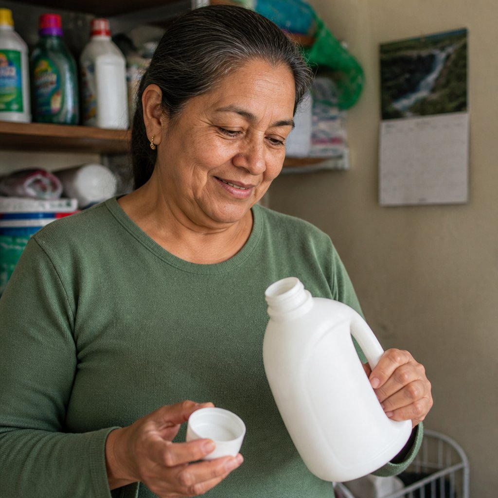 Hands holding an unscented detergent bottle with a cap smelling of floral perfume in a cluttered laundry room.