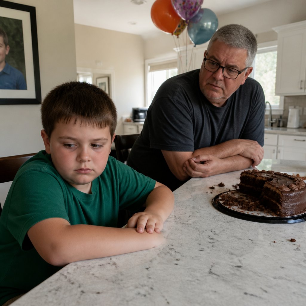 Sad boy looking away from a cropped birthday photo in kitchen