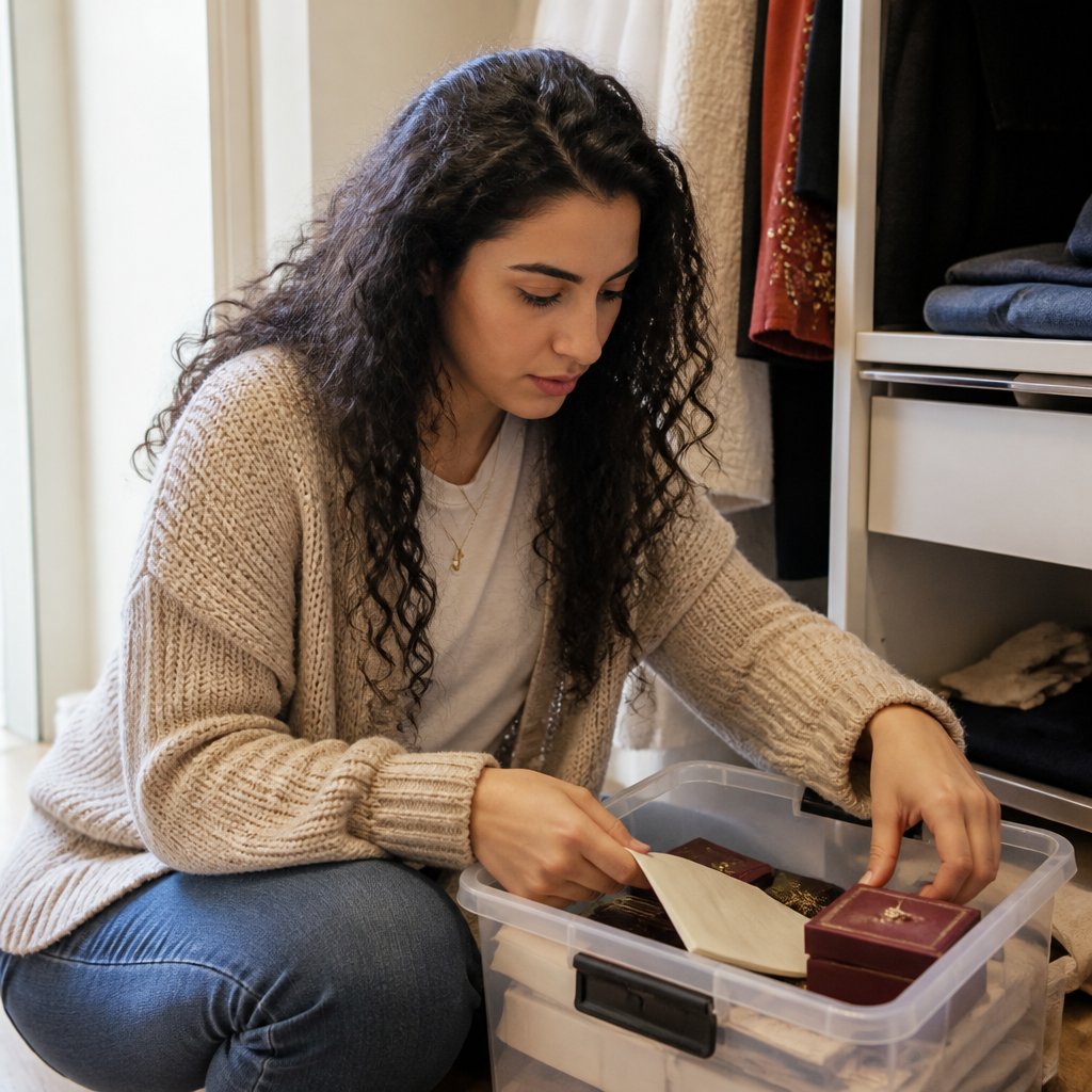 Kara packing a locked tote with important papers and jewelry in a closet.