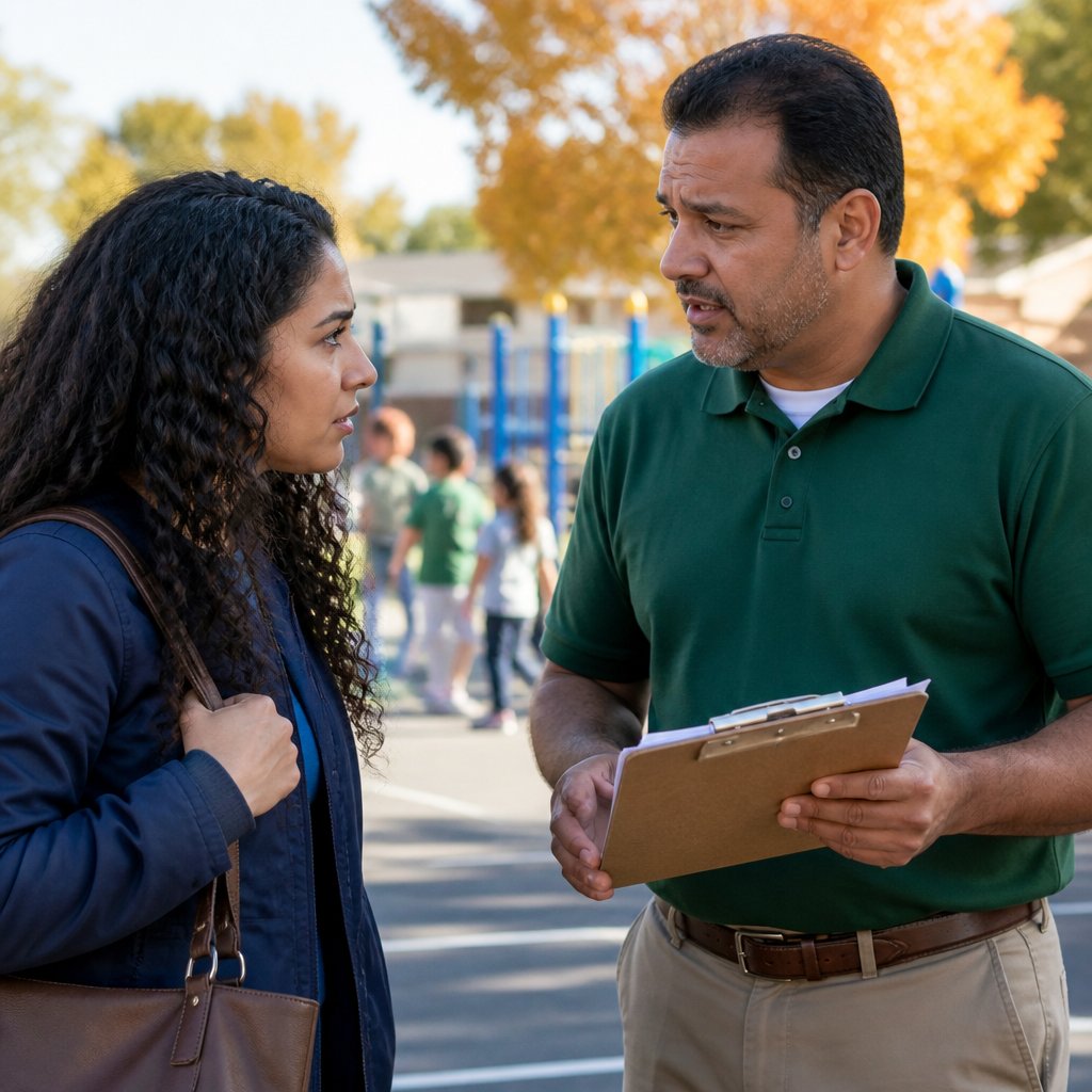 Concerned woman talks to coach holding clipboard near school playground.