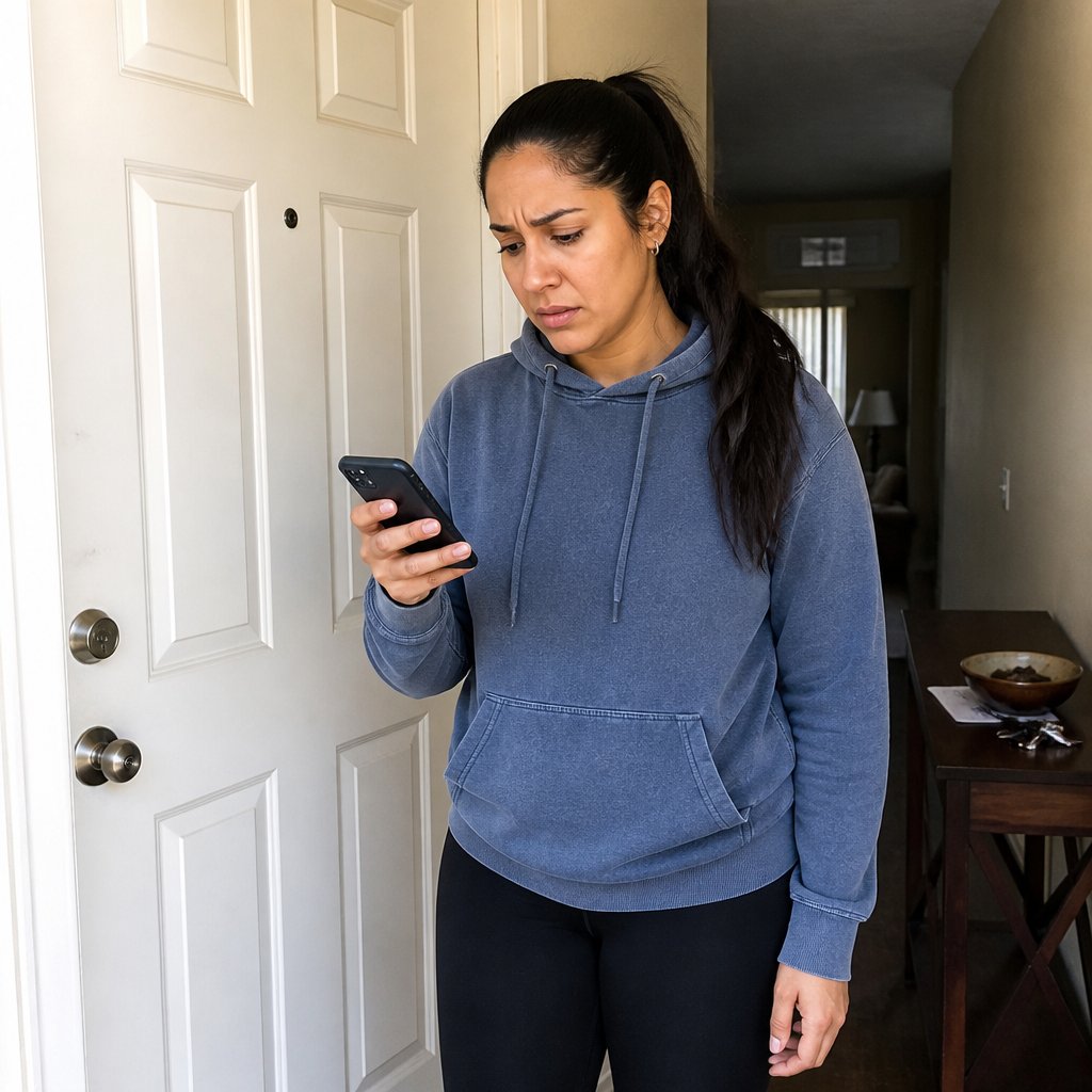 Woman standing by front door looking worried at her phone.