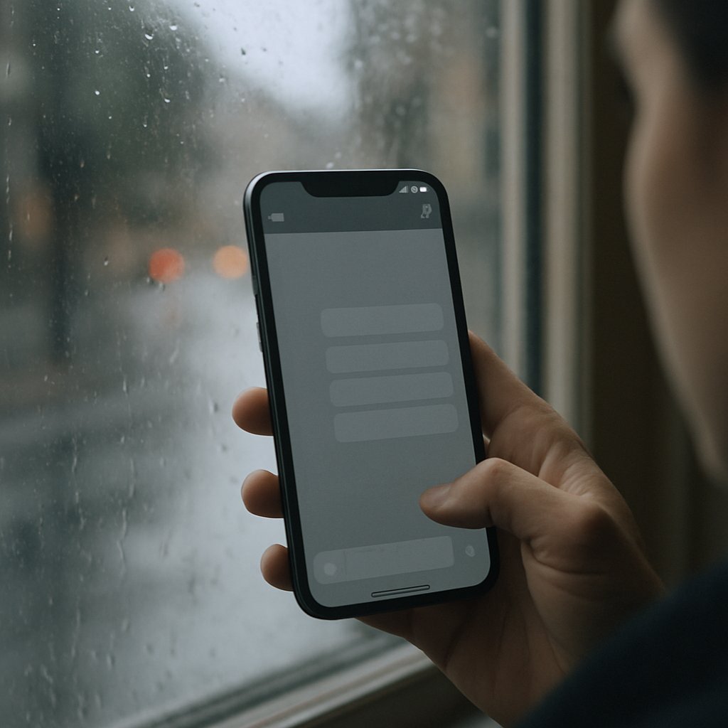 Person holding a phone showing an empty chat screen, rainy street visible through window in background.