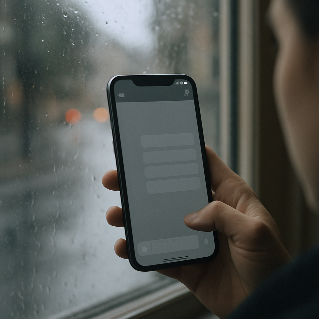 Person holding a phone showing an empty chat screen, rainy street visible through window in background.