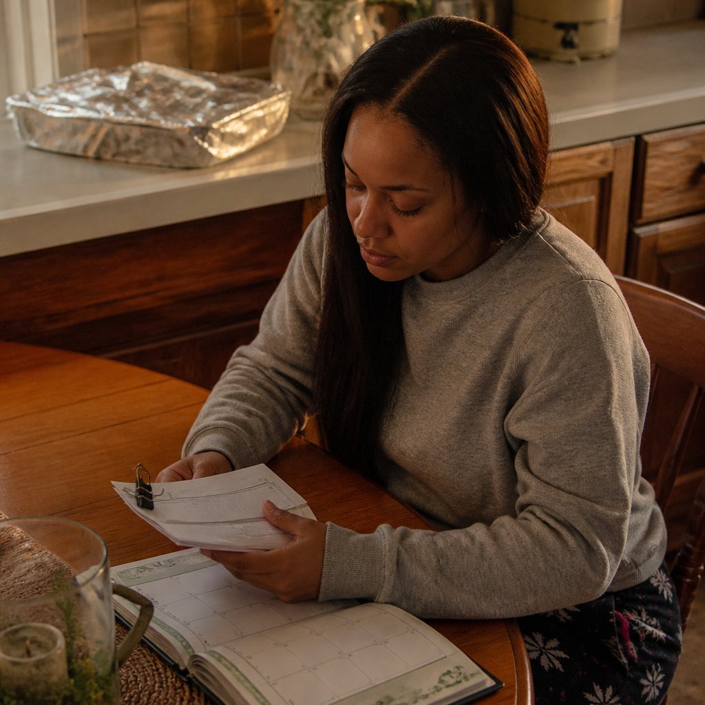 Mara sits at her mother’s kitchen table studying a calendar and clipped cashier’s check copies.