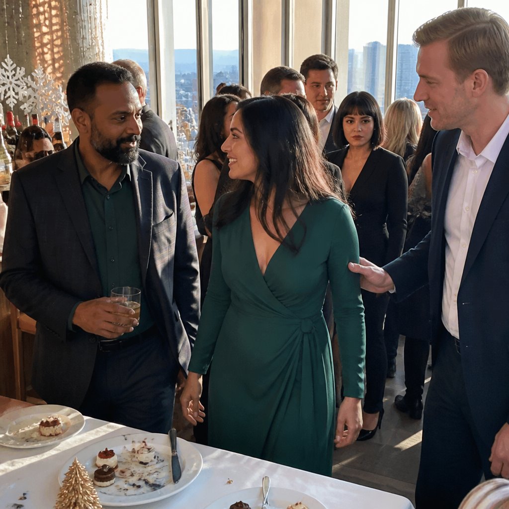 At the holiday party, Dylan’s hand lingers at Mara’s elbow while a People Ops colleague watches from across the room.
