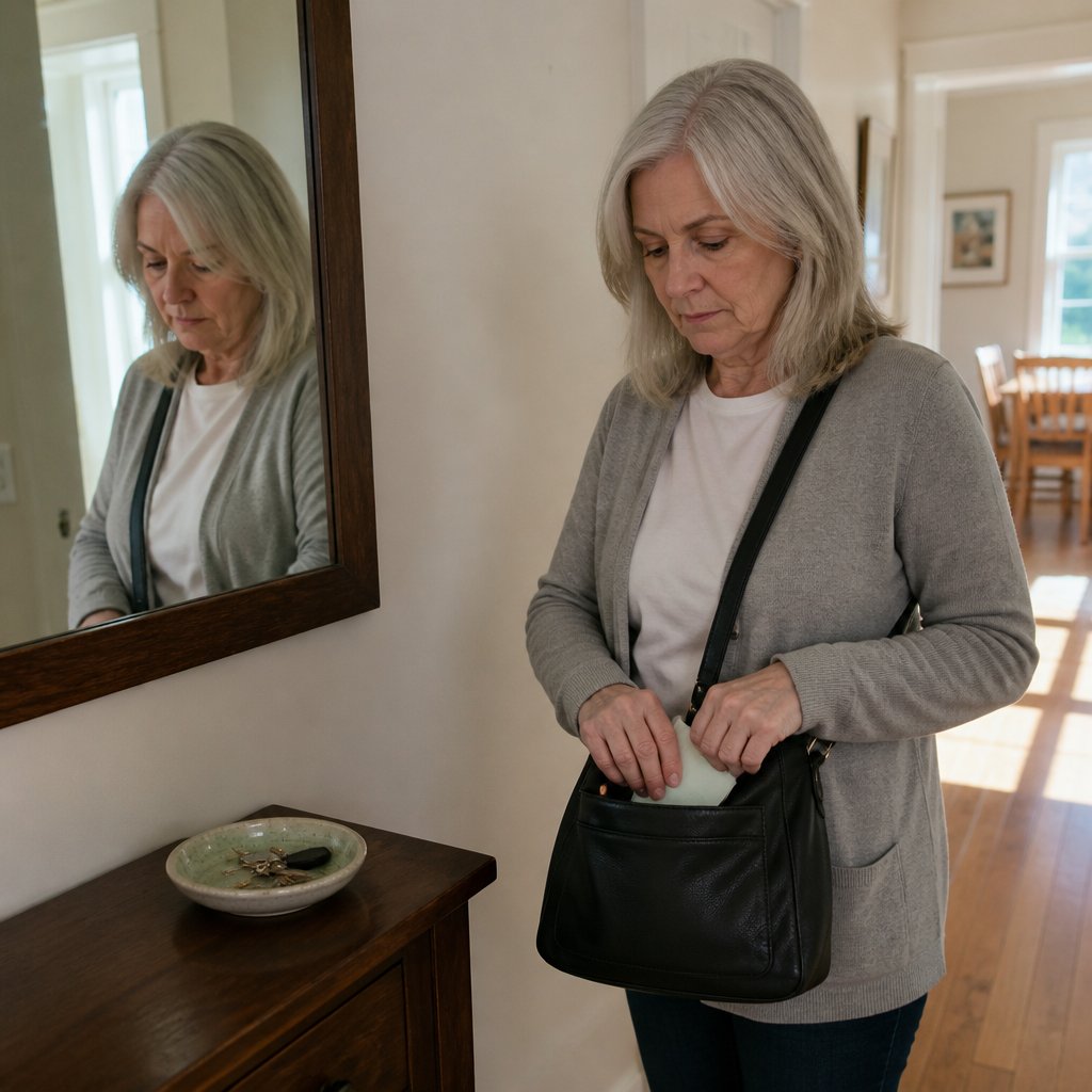 Nina slips a folded paper into her purse, face tight with determination in the hallway mirror.