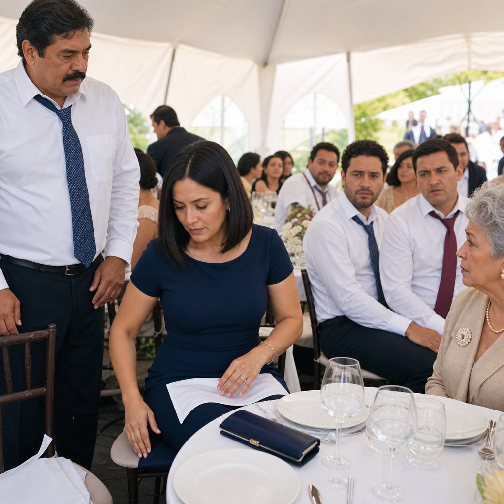 A navy-dressed woman sits at Table 12 while other guests watch, uneasy.
