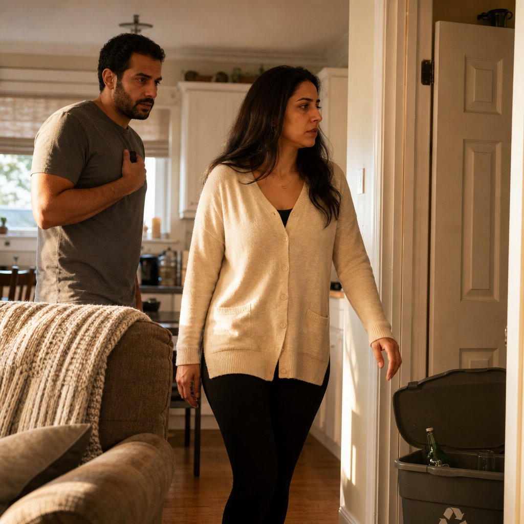 A woman steps toward a pantry while a bearded man watches behind her, tense, near a half-open recycling bin.