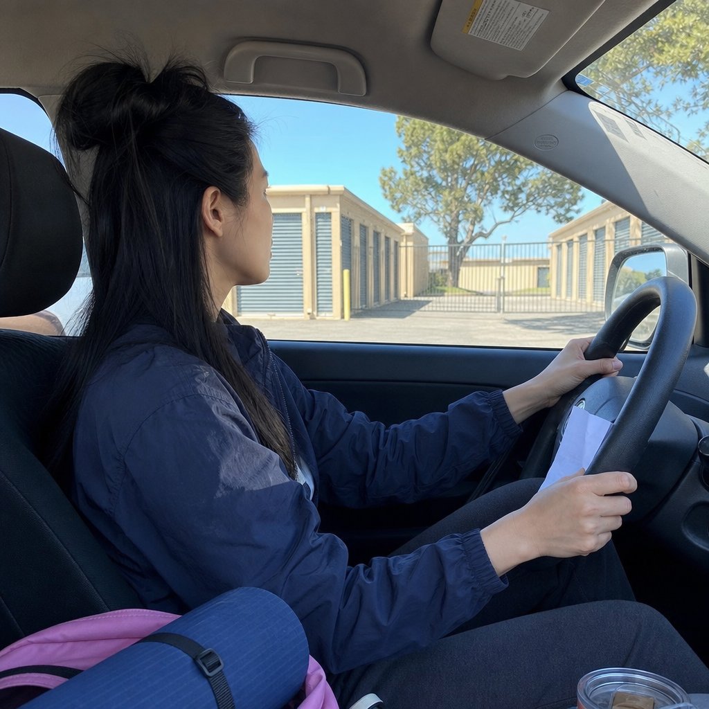 Mara watches a storage facility gate from her car, gripping a scrap of paper.