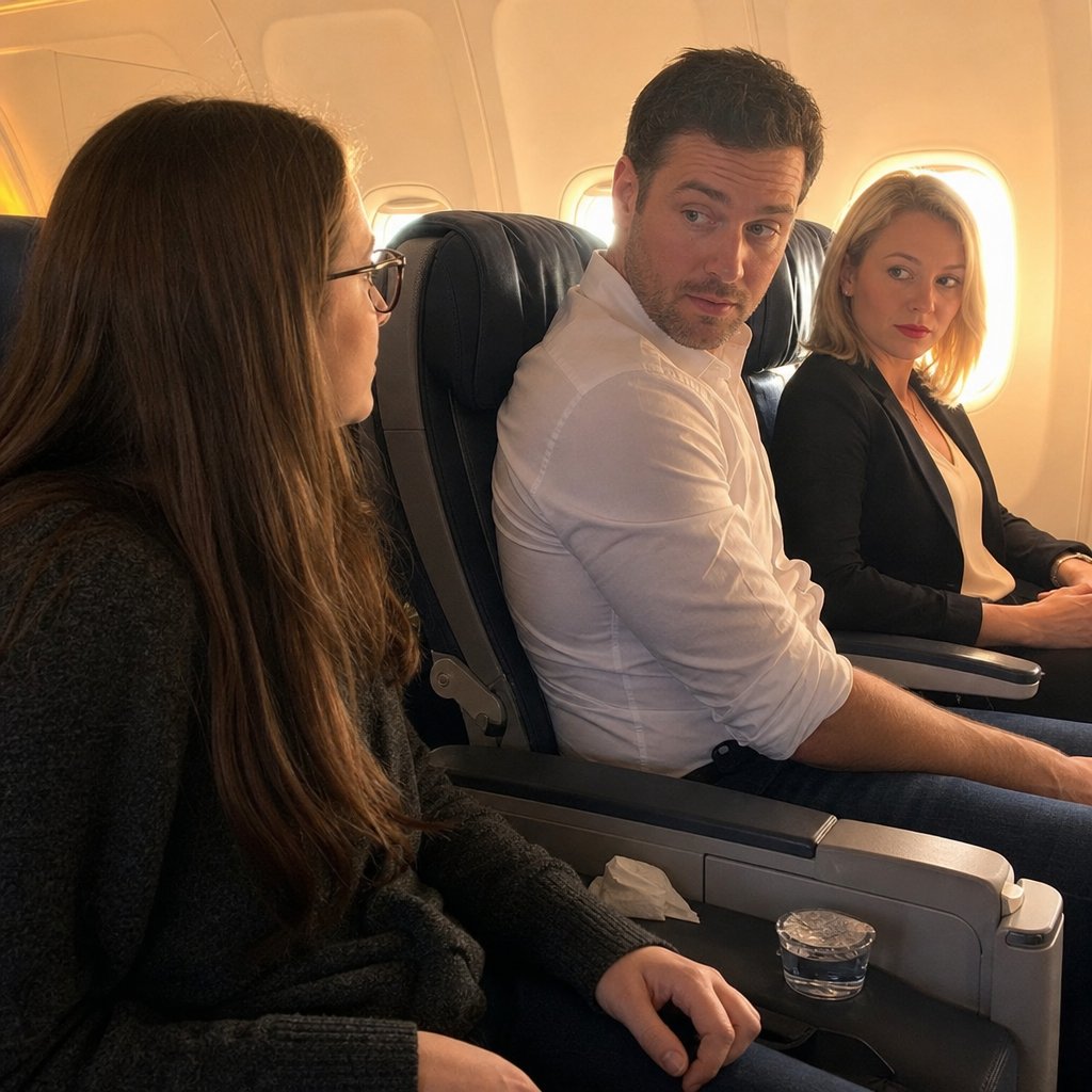 On the plane, Ivy watches Mark turn back as Ivy clamps her phone face-down.