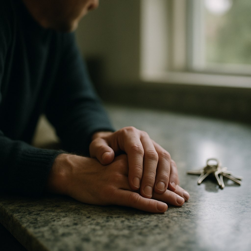 Hands on kitchen counter with keys jingling in background.