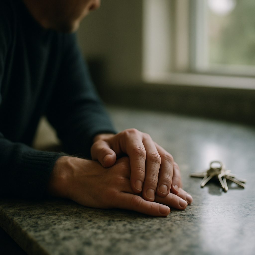 Hands on kitchen counter with keys jingling in background.