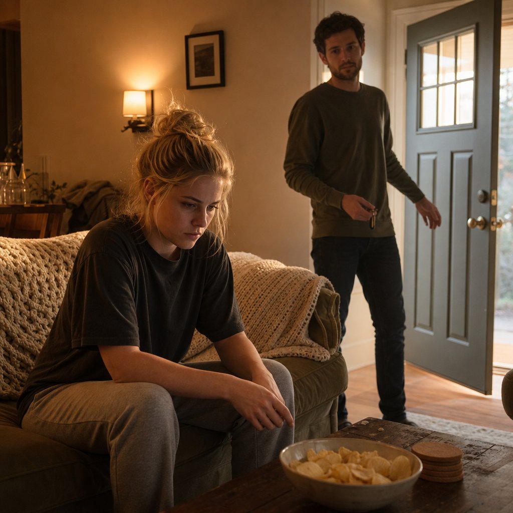 Mara sits tense on the couch as Graham steps through the open front door looking at her.