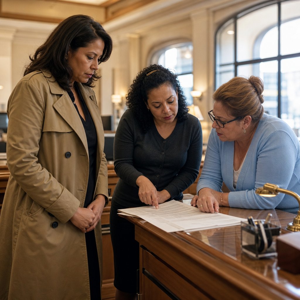 A bank clerk quietly points out something on printed statements while Mara and her attorney watch tensely.