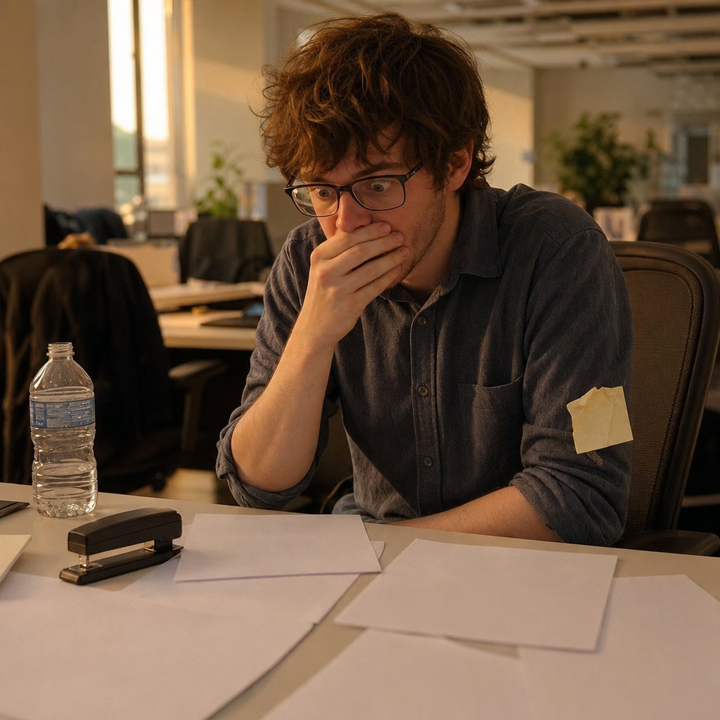 Iris sits at his desk after hours, stunned as he digs through hidden HR materials.