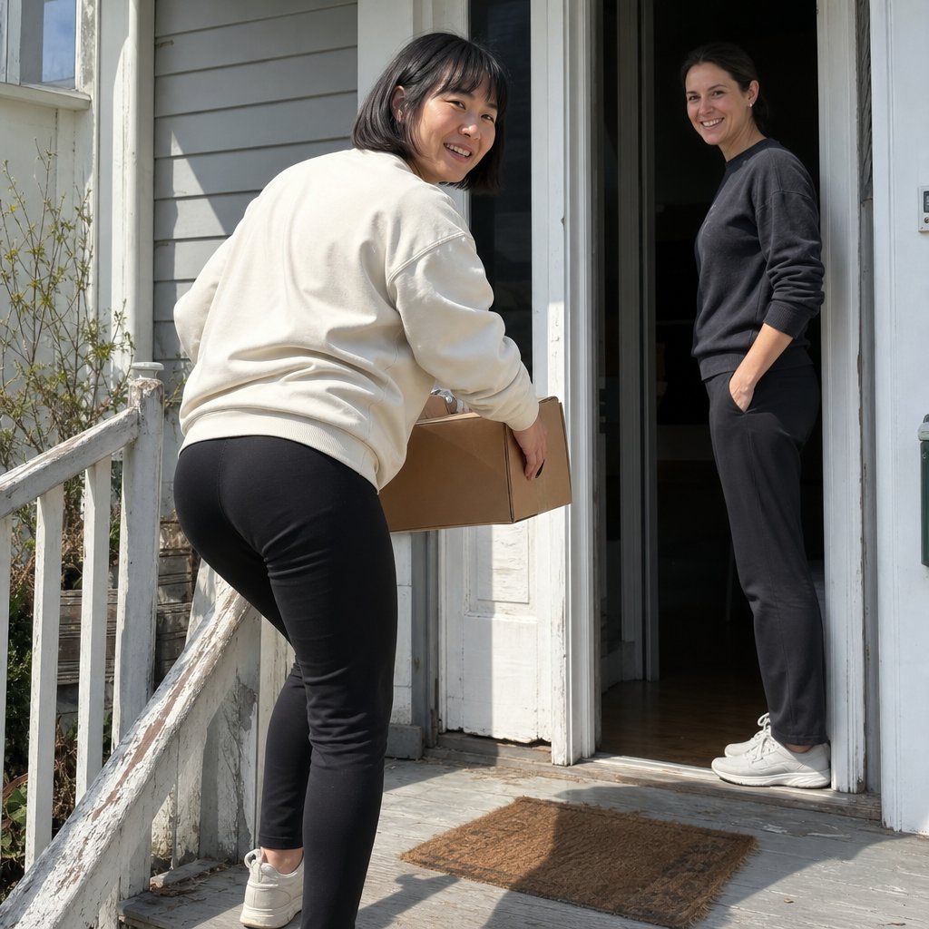 Maren lifts a delivered package on the front porch and turns into the house.