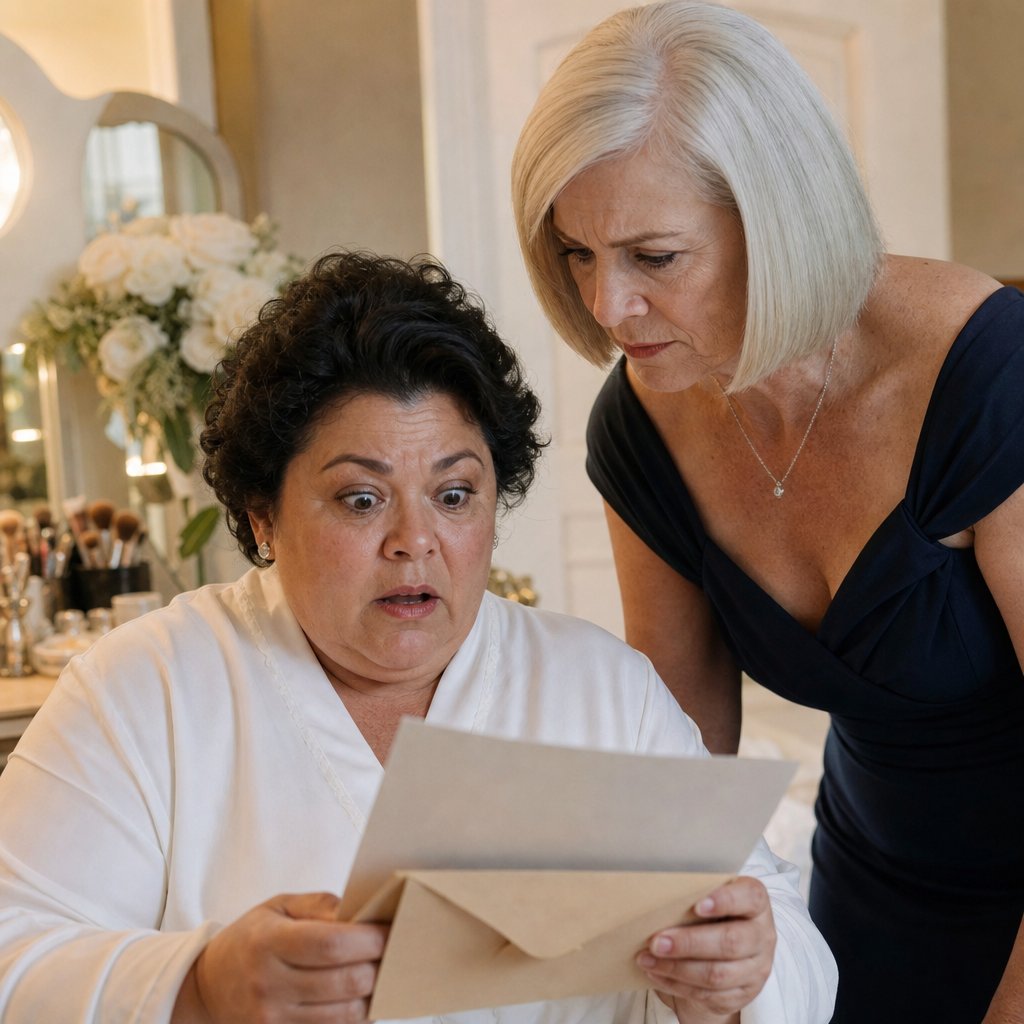 The bride stares at a document pulled from an envelope as the groom’s mother leans in to speak urgently.