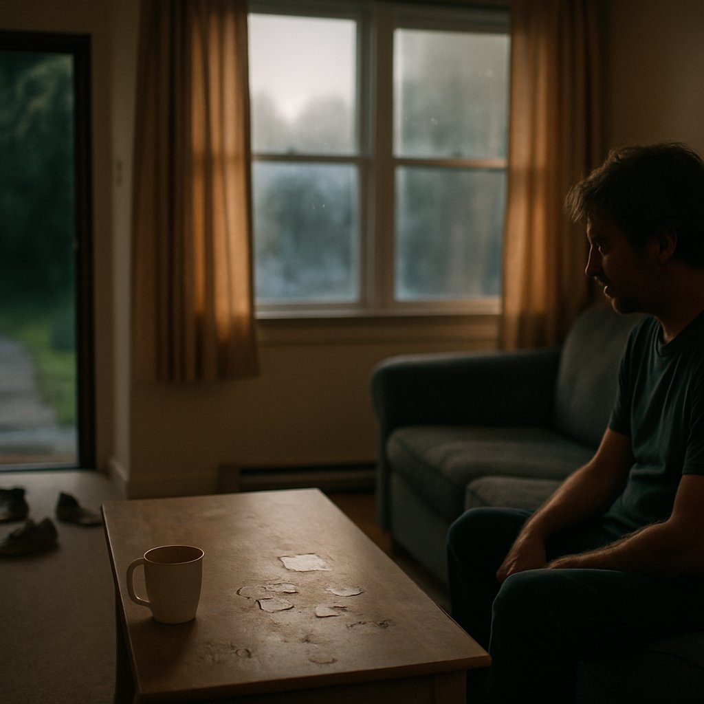 Living room with sticky coffee stains on table and shoes by the door in soft evening light