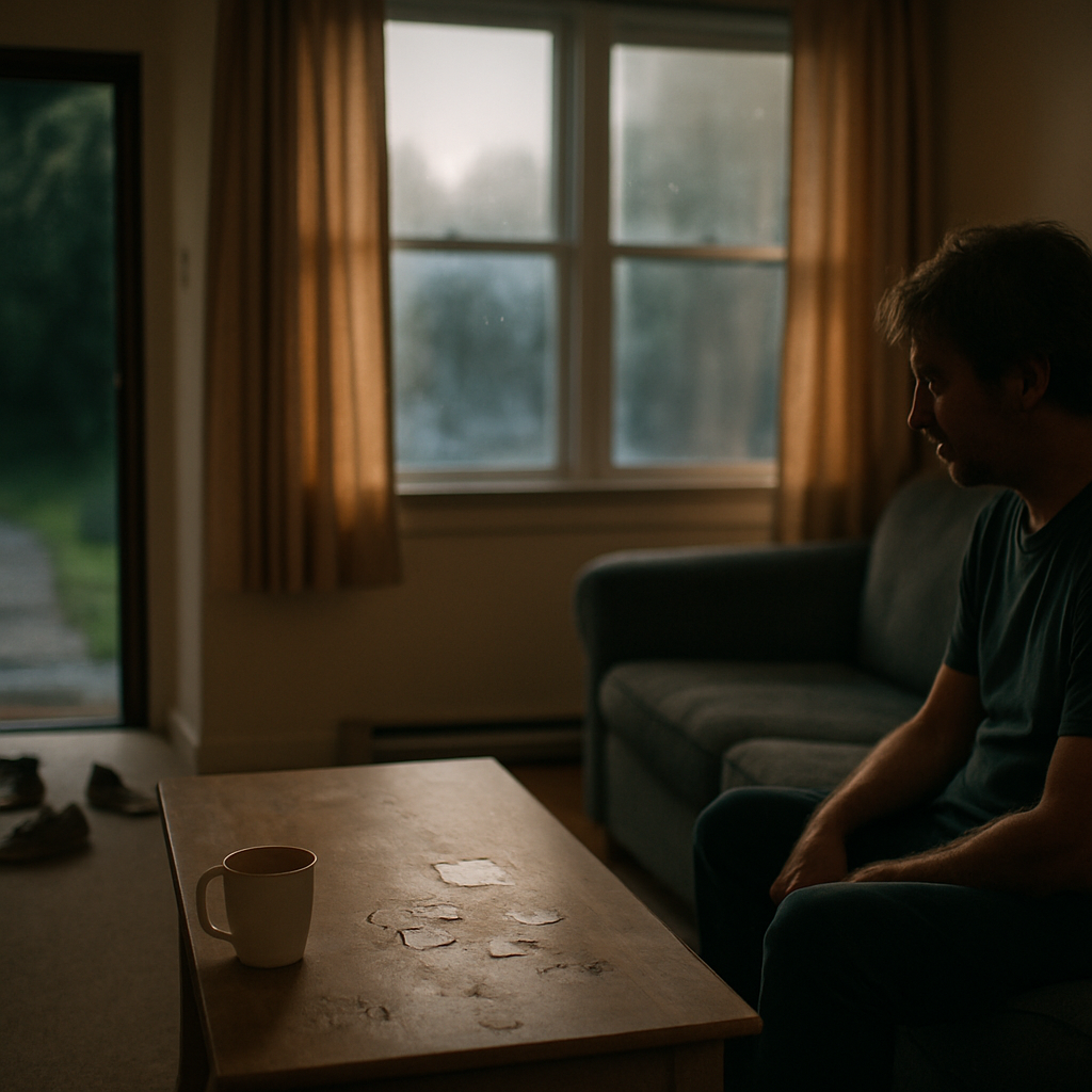 Living room with sticky coffee stains on table and shoes by the door in soft evening light
