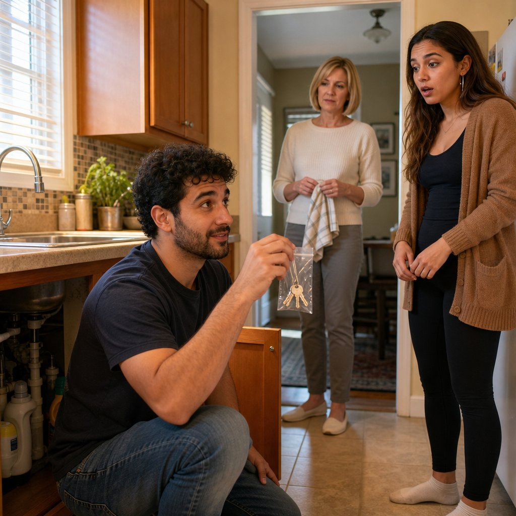 Ivy holds up a bag of spare keys from under the sink while Kendra watches from the kitchen doorway.
