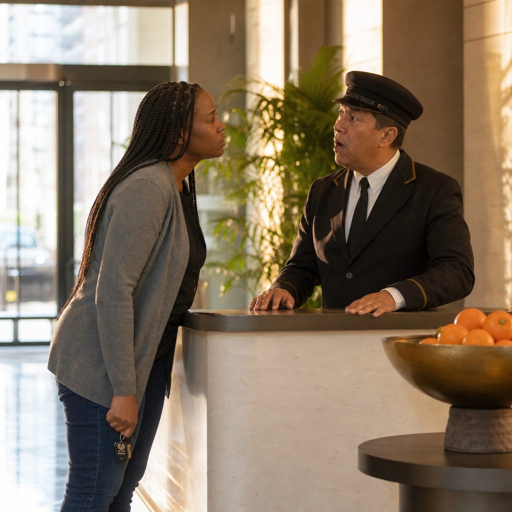 A woman with long box braids confronts a startled doorman in a condo lobby.