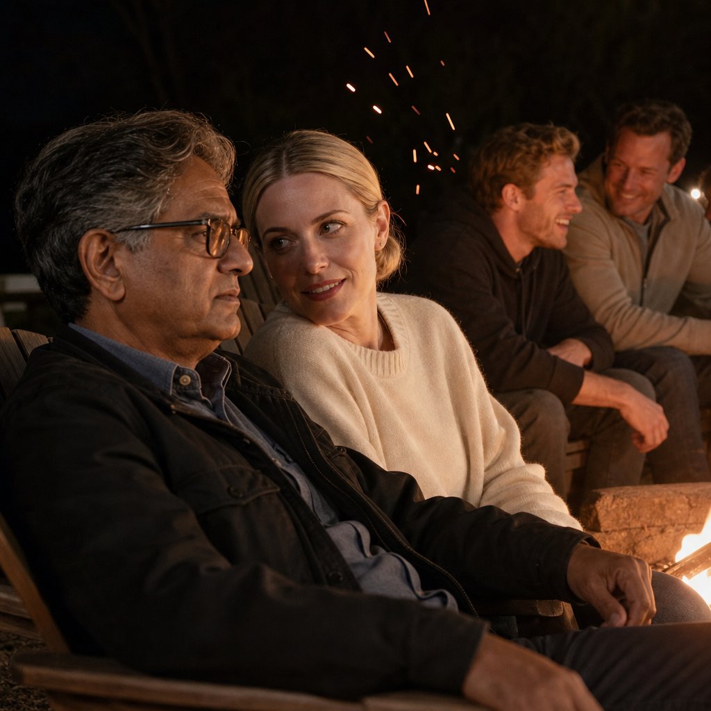 At a bonfire, Tessa leans in smiling at Mara while Jonah laughs tensely across the flames near Cal.