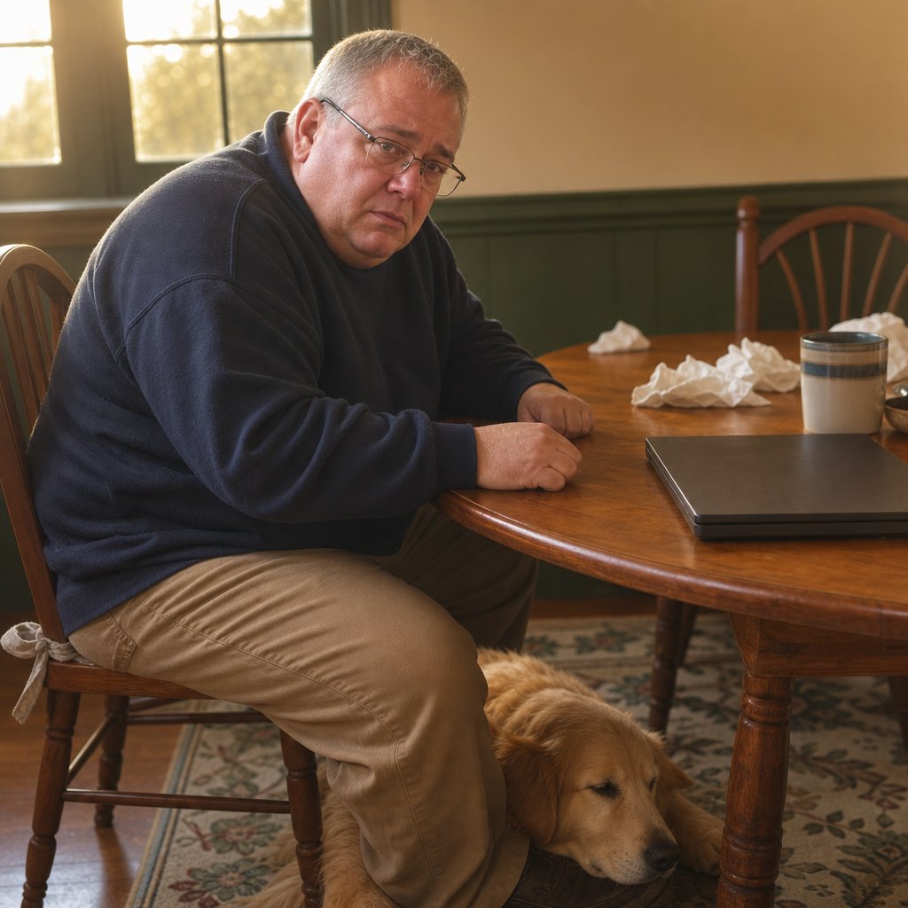 A gray-haired man with glasses sits distressed at a dining table while a golden retriever rests her head on his foot.