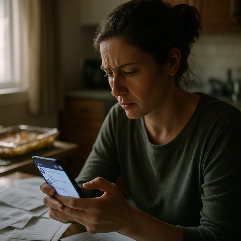 A woman at a kitchen table, looking concerned while reading a social media post on her phone.