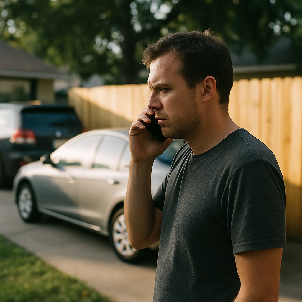 Man on phone standing near driveway and new fence in bright daylight.