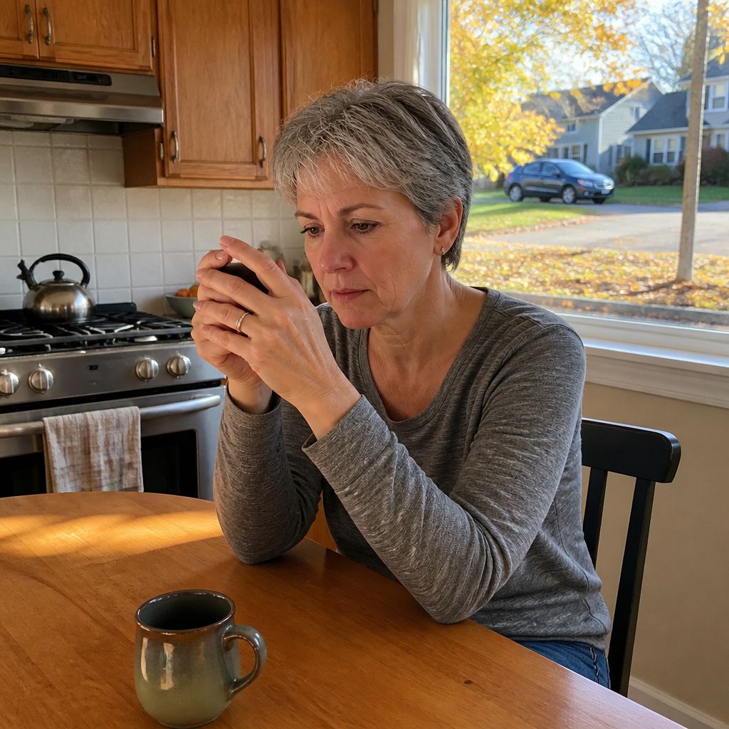Woman looking concerned while reading a message on her phone at the kitchen table.