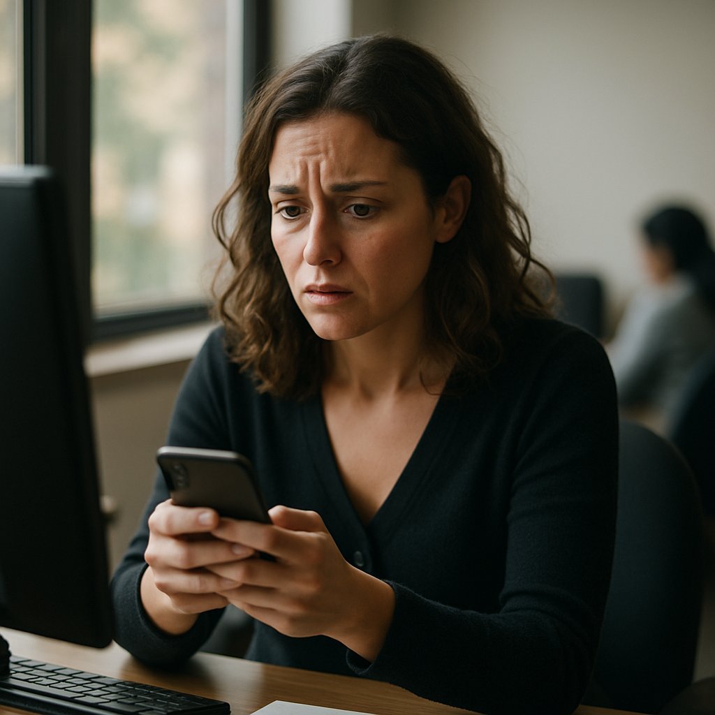 Woman at office desk, appearing distracted and concerned during a phone call.