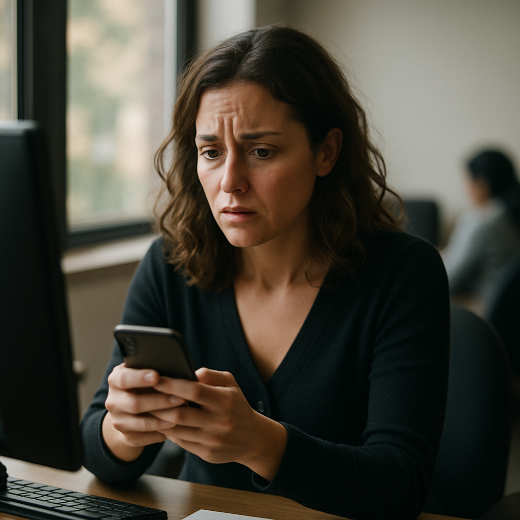 Woman at office desk, appearing distracted and concerned during a phone call.