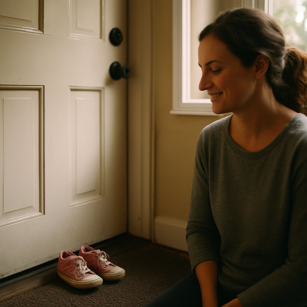 Small pink sneakers lined up in a home entryway with a woman standing nearby.
