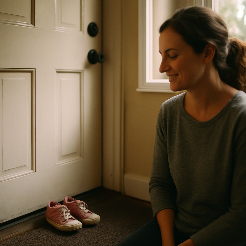 Small pink sneakers lined up in a home entryway with a woman standing nearby.