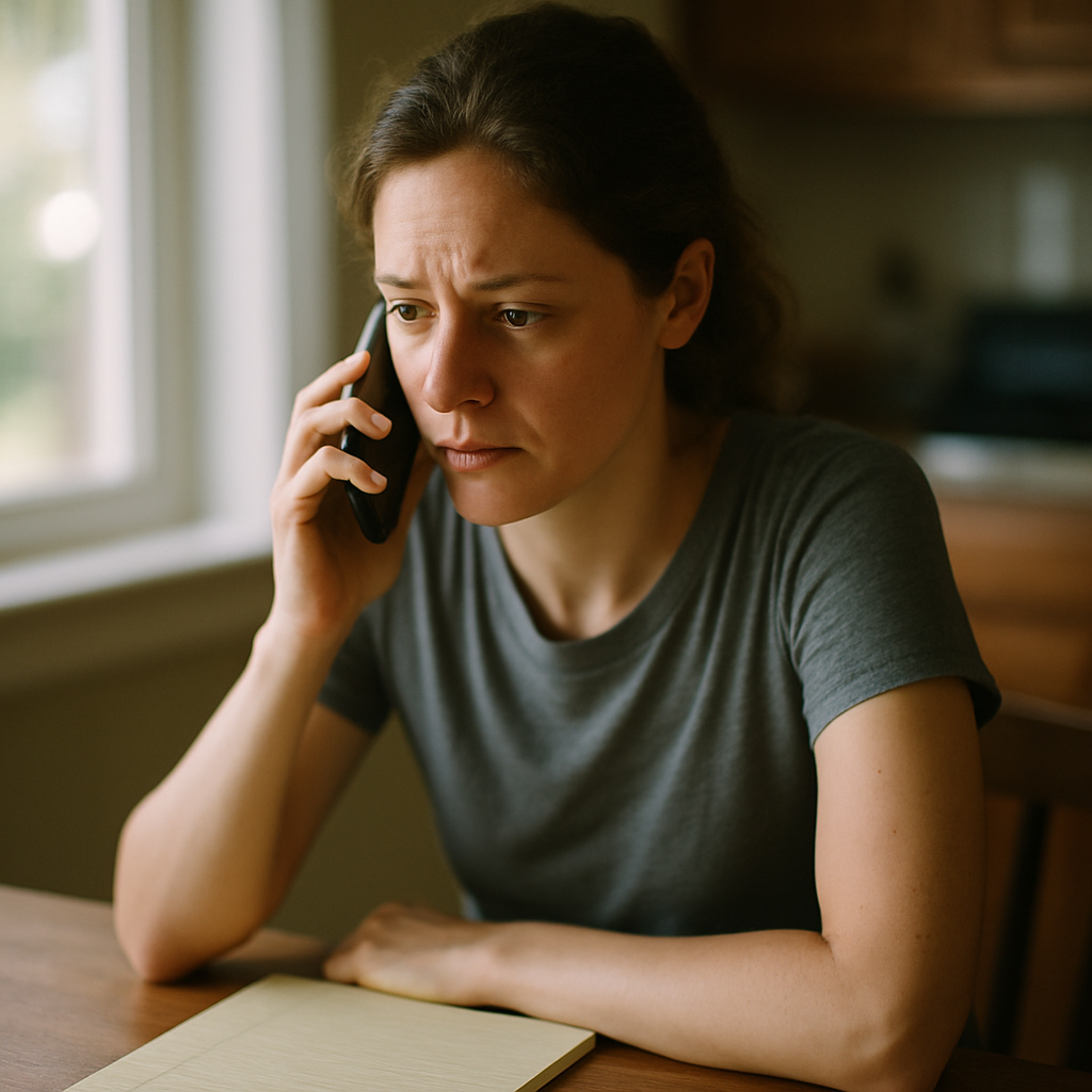 Woman on phone taking notes at kitchen table in natural light.