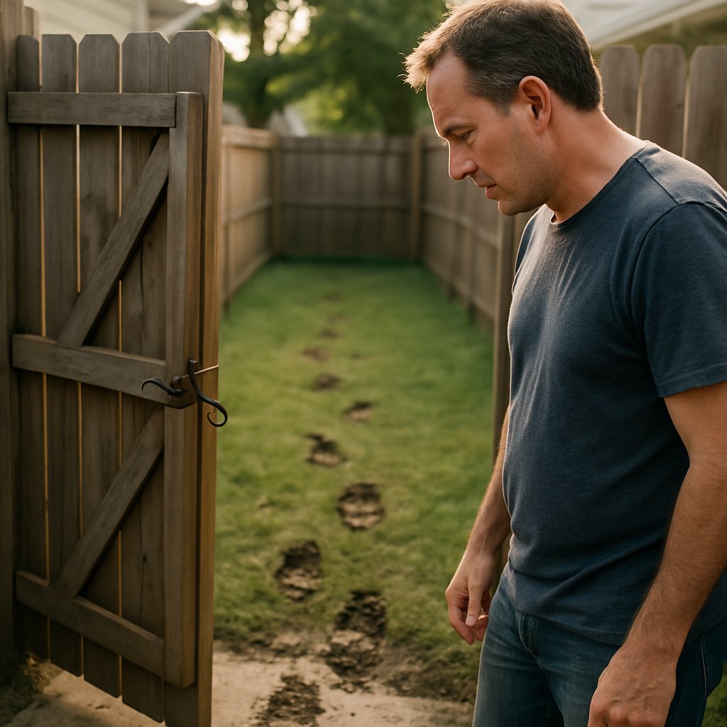 Man inspecting bent gate latch and muddy footprints in his side yard.